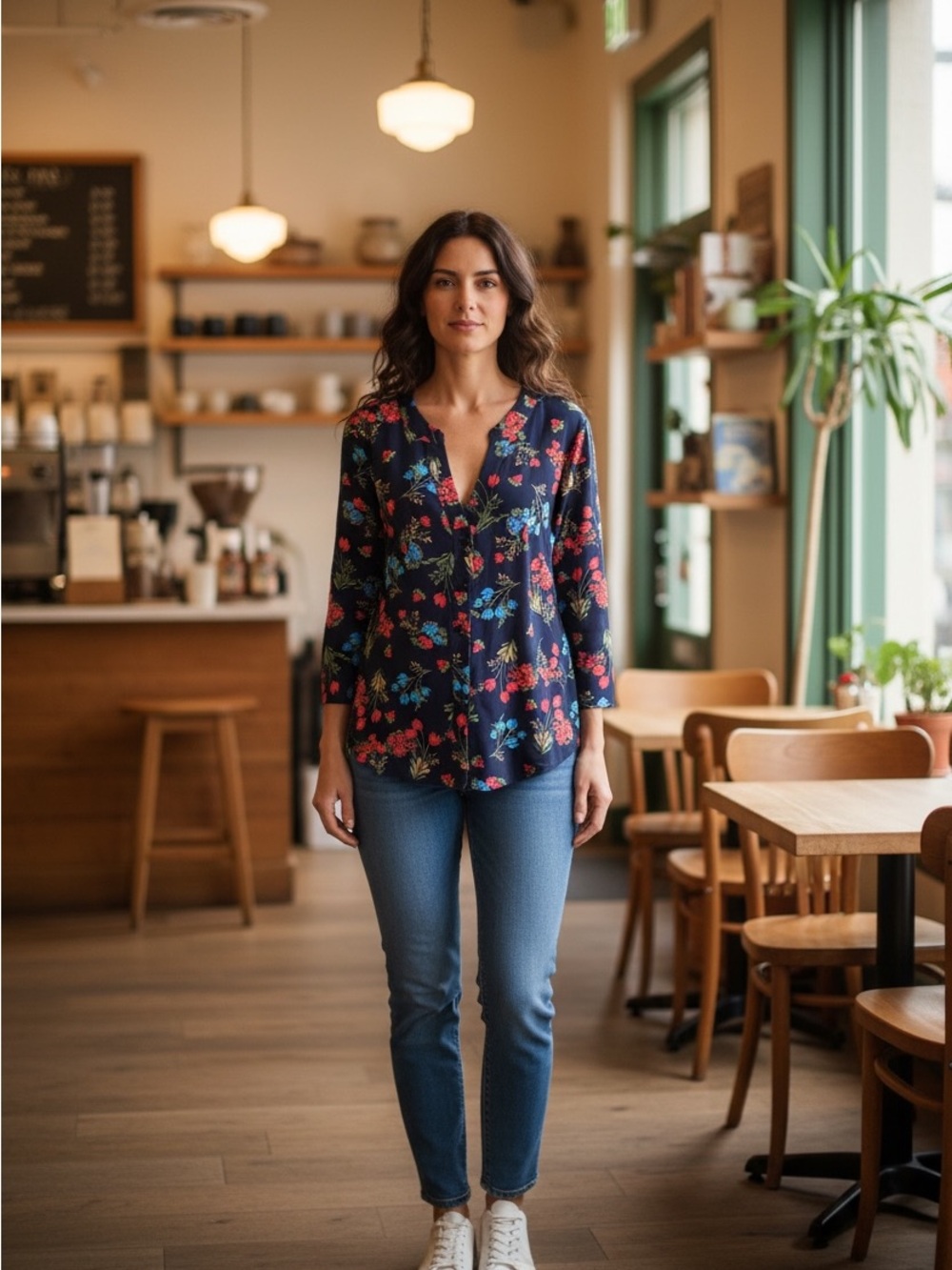 Bloomchic Floral Button-Front Women's Top - Navy with Pink & Blue Flowers 14-16